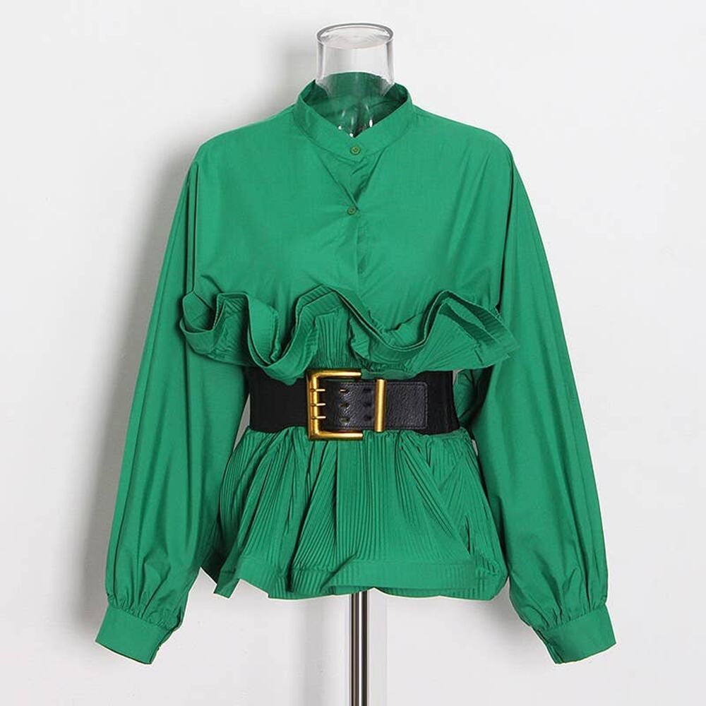 Spring Ruffle Belted Top with Stand Collar - Picture 11 of 14